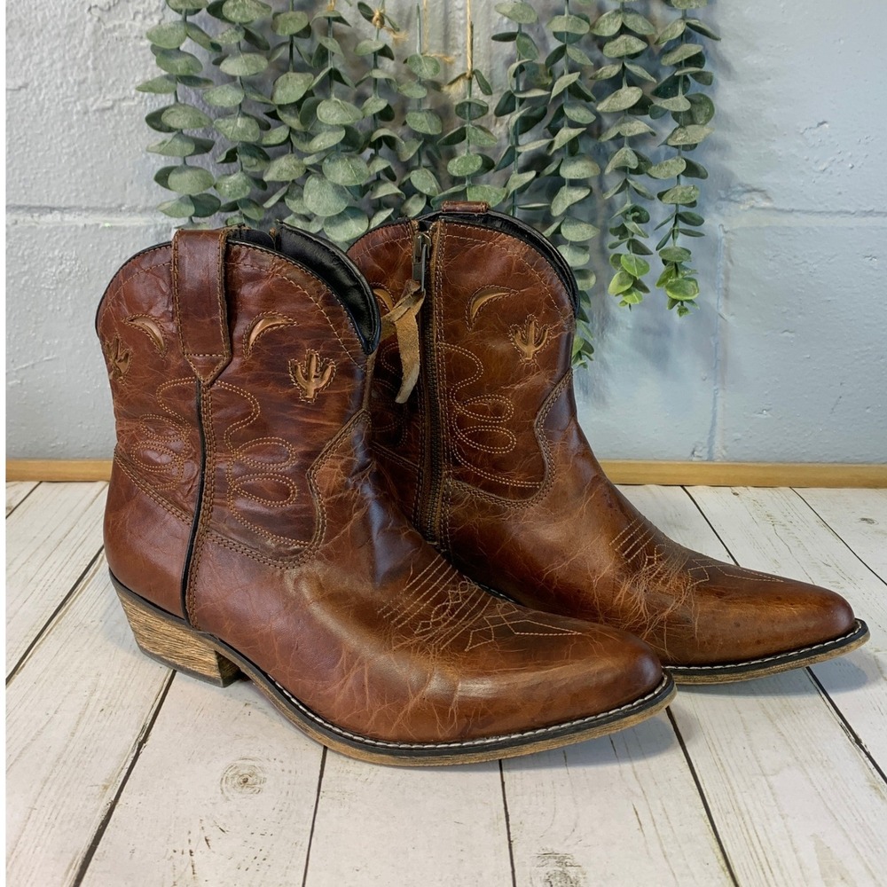 Dingo Women 9 Brown Leather Cactus Western Cowboy Ankle Boots Zipper Adobe Rose